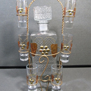 Vintage Barware Decanter Set w/ 6 Shot Glasses & Metal Stand – Mid Century Style
