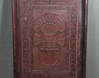 Vintage Wood Serving Tray With Tooled Leather Inca Aztec Design, Pre-Columbian Inspired Decorative Tray With Handles