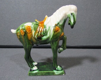 Vintage Green Chinese Tang Dynasty Style Sancai Glaze War Horse Marked (H5)