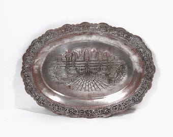 Vintage Cambodian Angkor Wat Silver Plated Wall Tray, Khmer Repousse Temple Scene, Oval Decorative Asian Wall Hanging Tray