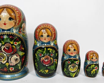 Signed Hand Painted Russian Matryoshka Nesting Dolls, 5 Piece Blue Floral Folk Art Doll Set, Vintage Wooden Stacking Dolls
