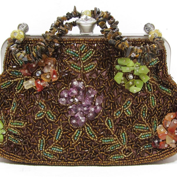 Vintage Brown Clutch Chain Purse Bag with Earthtone Beads and Natural Stones