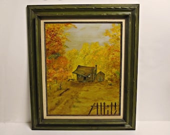 Bill Hager Painting on Board, Vintage Old House Landscape, Framed Palm Springs California Artist, Rustic Autumn Homestead Wall Art