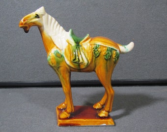 Vintage Brown & White Chinese Tang Dynasty Style Sancai Glaze War Horse Marked (H4)