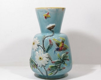 Vintage Handmade Pottery Aqua Blue Vase  Hummingbird Butterflies and Daisy Flowers