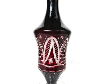 Bohemian Ruby Red Cut to Clear Glass Decanter, Vintage Art Glass Bottle, Star Geometric Design, No Stopper
