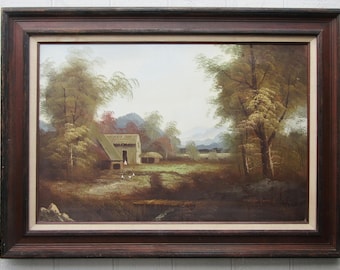 Cho Young K Signed Large Original Oil Painting on Canvas, Korean Mountain Village Landscape