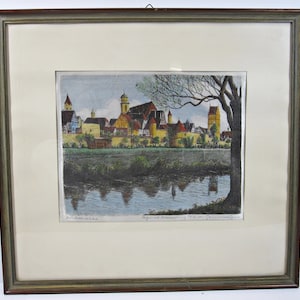 Ernst Geissendörfer Original Hand Colored Etching of Dinkelsbühl Germany Signed Limited Edition