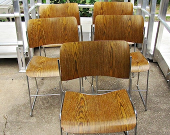 Set of 5 David Rowland 40/4 Stackable Chairs, Vintage GF Office Furniture, Woodgrain Chrome Modern Dining Chairs, Local Pickup Only