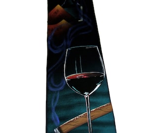 Hand Painted Men Silk Necktie Art Tie Novelty Wine and Cigar Tobacco #2 Stogy Nouveau