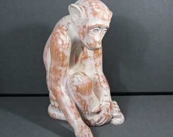 Vintage Sarreid Ltd Carved Wood Sitting Monkey Sculpture, Made in Spain, Large 16 Inch Whitewashed Monkey Figurine, Eclectic Animal Decor