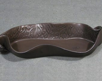 Hilborn Studio Pottery Asparagus Dish, Canadian Ceramic Serving Bowl, Brown Freeform Tray, Signed Handmade Pottery