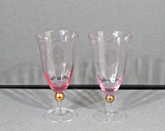 Royal Albert Old Country Roses Formal Pink Water Goblets Set of 2, 22k Gold Ball Stem Iced Tea Glasses