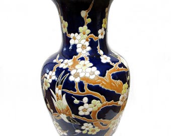 Large Hand Painted Asian Ceramic Vase, Blue Floral Bird, 21 Inch Decorative Chinoiserie Style, Local Pickup Only