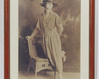 1920s Fashion Photogravure – Woman at Wicker Chair, Matted & Framed