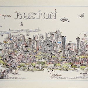 Boston Poster Map Illustrated Art by Joe Connolly 1975, Alice Atwood Mahoney, 38" x 25" Rare Vintage