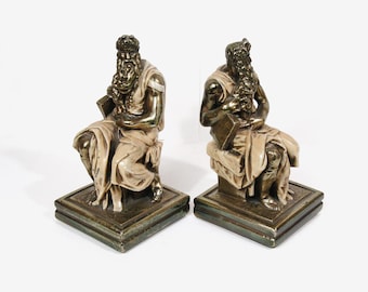 Vintage Marion Bronze MB Moses Bookends, Michelangelo Style Classical Library Decor, Bronze Clad Biblical Sculpture Pair