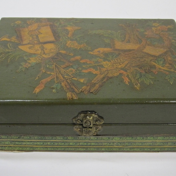 Vintage Mid-Century Handcrafted Wooden Decoupage Box with Gold Chains - Signed - 1968