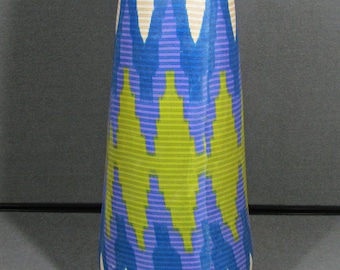 Tall Modern Clay Vase with Glossy Geometric Textile Print, 17 Inch Tapered Boho Decorative Vase, Blue Green Purple Contemporary Decor