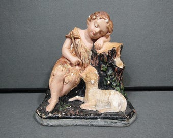 Antique Vintage Baby St John the Baptist Chalkware Statue with Lamb Cross, Religious Sculpture, Catholic Devotional Figure, 7.5 Inch