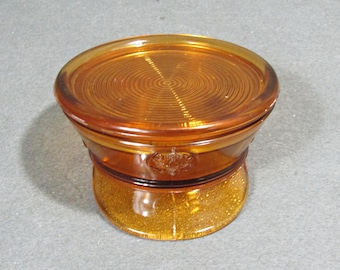 Vintage Paden City Amber Glass Military Hat Talc Powder Box, 1930s 1940s Vanity Trinket Jewelry Dresser Box
