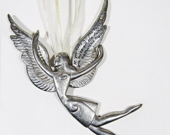 Vintage Pewter Silver Angel Christmas Ornament with Engraved Sentiment Katharine Hepburn