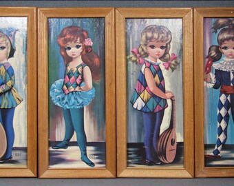 Set of 4 Mid Century Eden Moppet Big Eyes Prints Harlequin Wall Pictures 1960's