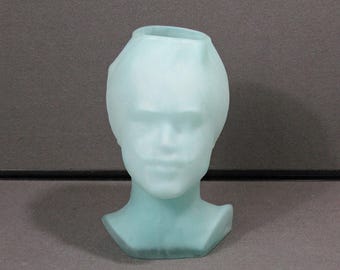 Frosted Green Glass Head Vase, Modernist Face Vase, Aqua Glass Bust Planter, Sculptural Art Glass Decor, Unmarked 9.5"