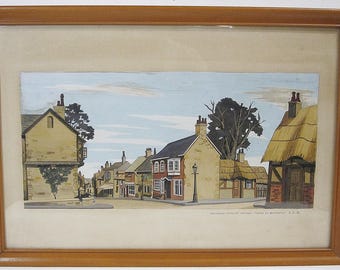 Original English Village Watercolor Painting, Backdrop Crime at Blossoms, Signed LER, Framed Cottage Village Street Scene Wall Art