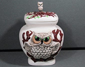 Vintage 1970s Owl Cookie Jar, Large Angry Green Eyes Ceramic Kitchen Decor Hand-Painted