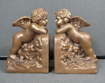 Vintage Resin Cherub Bookends, Bronze Tone Angel Putti Book Ends, Classical Shelf Accents, Romantic Library Decor, Pair
