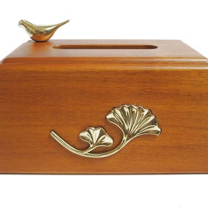 Mid-century Style Elegant Wooden Tissue Box Holder Cherry Finish With Brass  Flower and Dove Bird -  Ireland