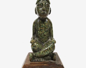 Aztec Pre-Columbian Style Statue, Green Stone Look Seated Figure on Wood Base, Mesoamerican Inspired Decorative Sculpture, Shelf Decor