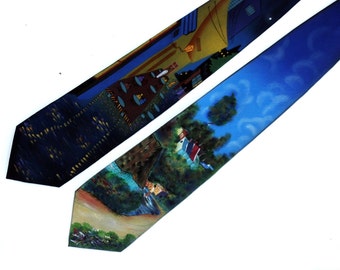 2 Vincent Van Gogh Hand Painted Men Silk Neckties Novelty Impressionist Art Tie House at Auvers and Sidewalk Cafe