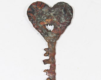Artisan-Crafted Rustic Copper Key with Double Hearts Heart Cut-Out Sculpture Ornament