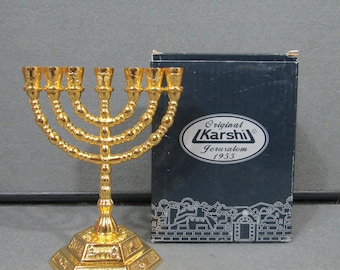 Original Karshi Jerusalem 7 Branch Menorah, 12 Tribes of Israel Judaica, Gold Tone Holy Land, New in Box