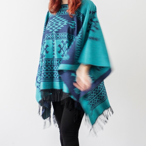 Turquoise Poncho Cotton Poncho Outerwear Coat Women Clothing Fashion Accessories Women Wear Aztec Poncho Ethnic Poncho Tribal Poncho Cape