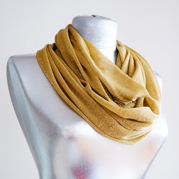 Scarf - Handmade Golden Silvery Infinity Scarf - Summer Scarf  - Cotton Jersey -  Shimmer