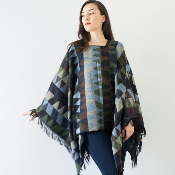 Blue Cotton Cape Cotton Poncho Outerwear Cotton Coat Women Clothing Fashion Accessories Women Wear Aztec Poncho Ethnic Poncho Tribal Poncho