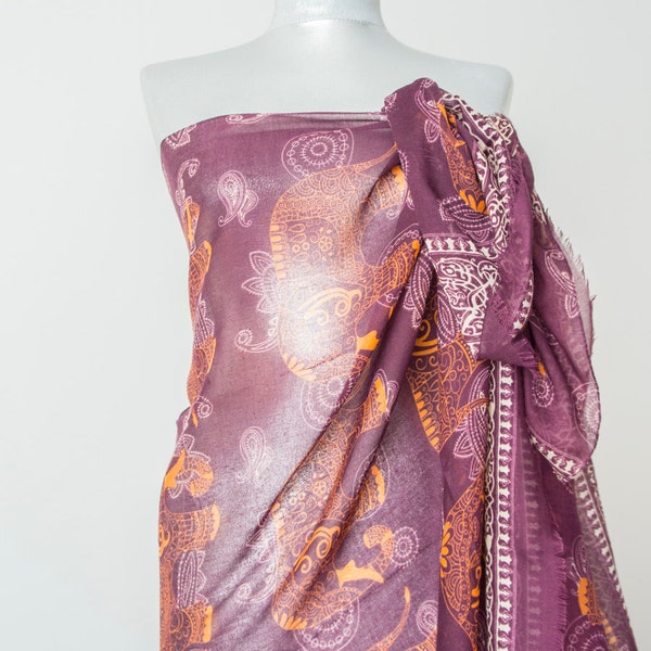 Elephant Scarf Elephant Print Scarf Elephant Pareo Boho Scarf Boho Pareo Purple Scarf  Women's Accessories Gift for Her Fashion Accessories