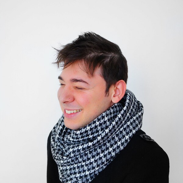 Houndstooth Scarf Infinity Scarf Men Scarf Man Scarf Winter Scarf Think Scarf Gray Scarf Black Scarf Men Fashion Men Accessory For Him