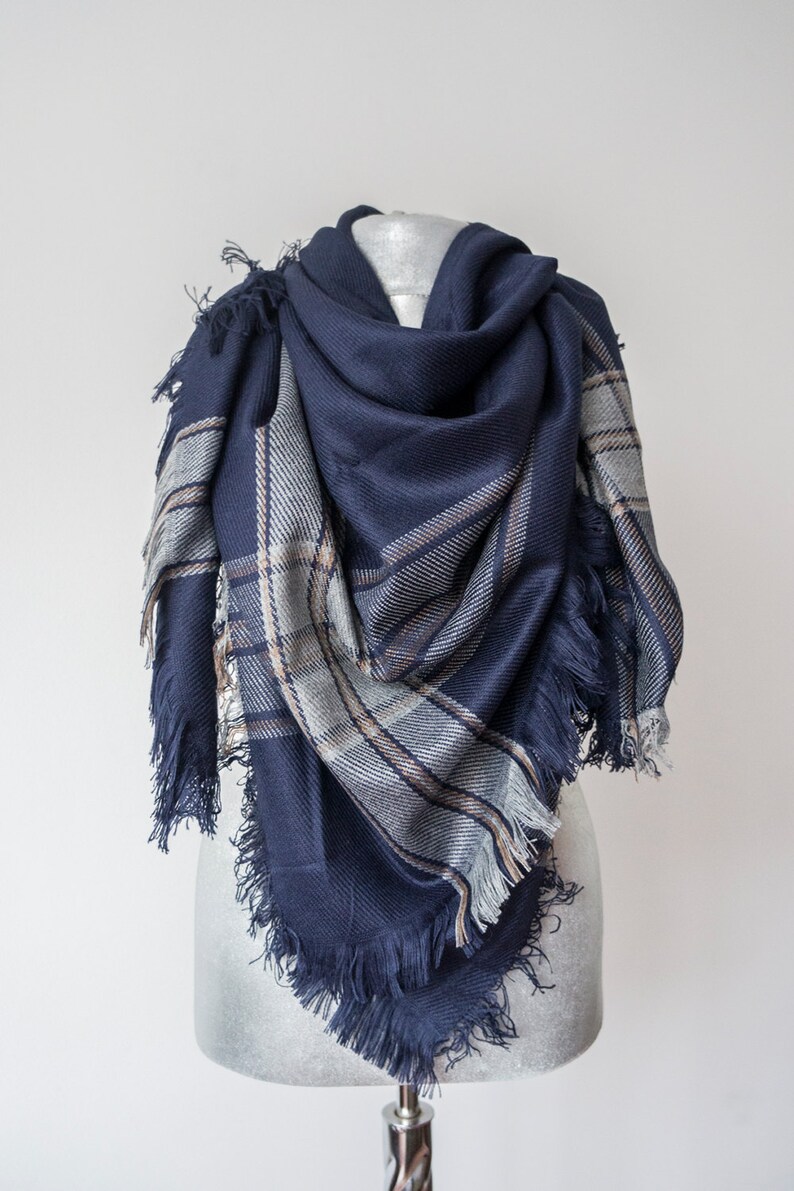 Navy Blue Blanket Scarf Plaid Scarf Holiday Fashion Fashion Etsy