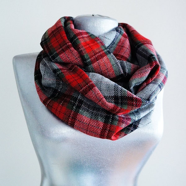 Handmade Tartan Infinity Scarf - Wool - Silvery Red Gray Burgundy Black - Winter Autumn Scarf - Men Unisex Scarf