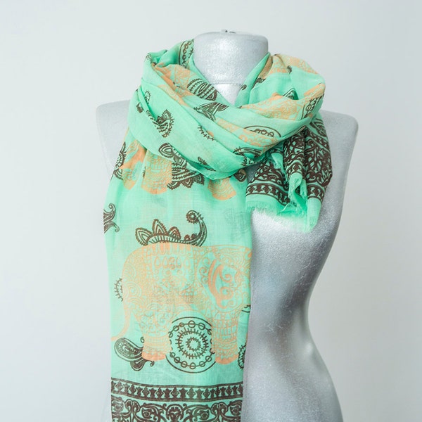 Elephant Scarf Elephant Print Scarf Elephant Pareo Boho Scarf Boho Pareo Mint Green Scarf  Fashion Accessories  Women scarf Gift For Women