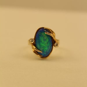Lightning Ridge Black Opal Natural Diamond 14K Gold Ring