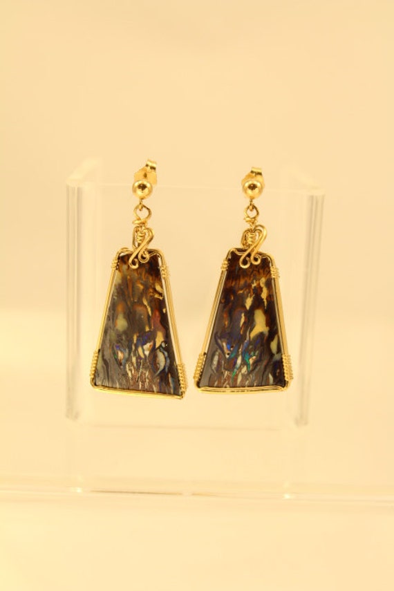 Boulder Opal "Lilies" & Gold Wire Wrapped Earrings