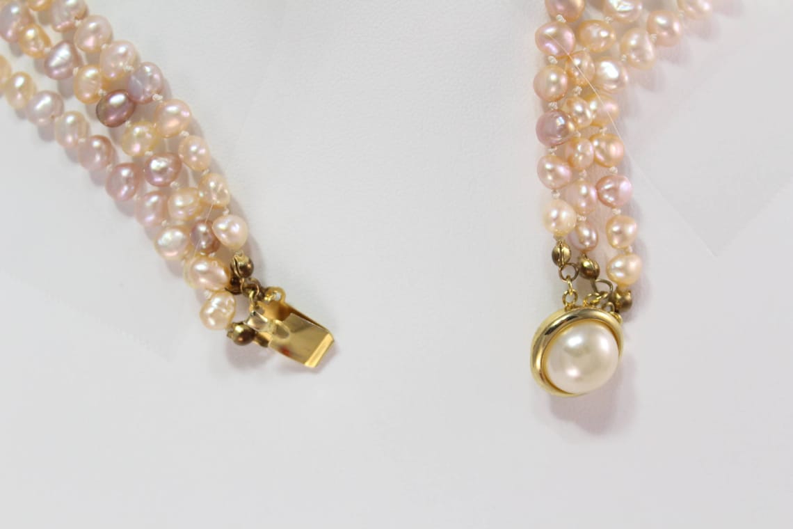 Pink Freshwater Pearl Three Strand Necklace Etsy Hong Kong