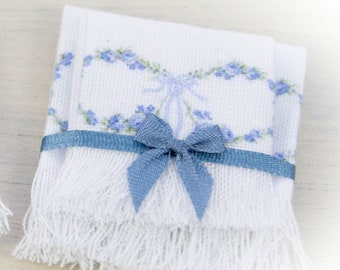 Romantic towels with blue roses, shabby chic towels, vintage towels, miniature towels, gift for woman, romantic bathroom, fringed towels