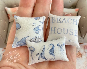 Coastal beach pillow, seahorse cushion, dollhouse miniature, navy pillow, jellyfish and whale, for sofa, beach house decor, gift for woman