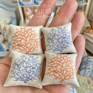 Miniature coastal coral pillow, 1:12 scale for dollhouse, summer cushion for beach house, nautical pillow for sofa, for miniature lovers